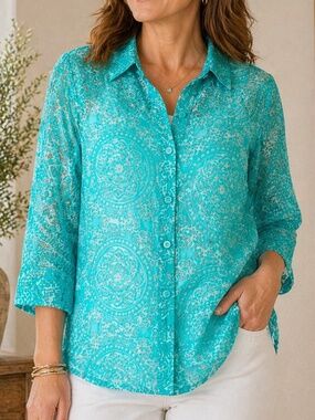 Alfred Dunner Turquoise Sheer Button Front Blouse Size 12 Lightweight
